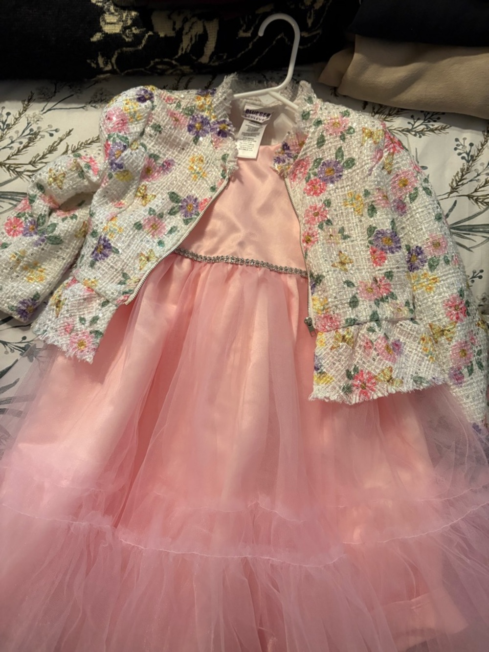 Macy's Pink Tulle Formal Dress with Floral Tweed Jacket